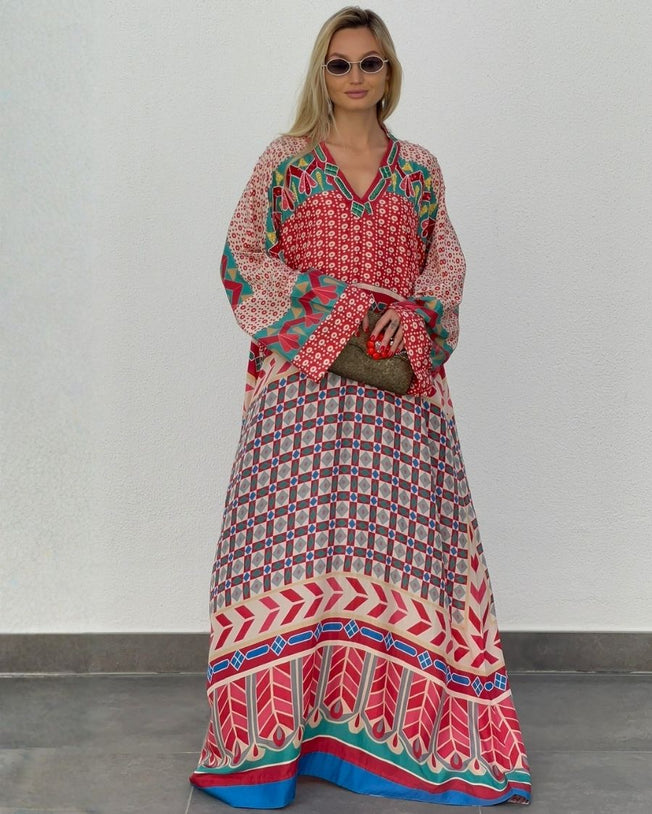 Red V-Neck with Sequins & Beaded Embroidery Loose Silk Caftan Style with Sleeves Boardgame Series Digi-Print