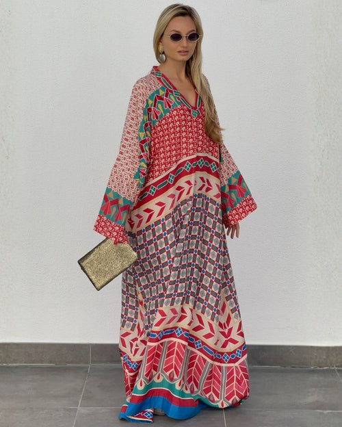 Red V-Neck with Sequins & Beaded Embroidery Loose Silk Caftan Style with Sleeves Boardgame Series Digi-Print