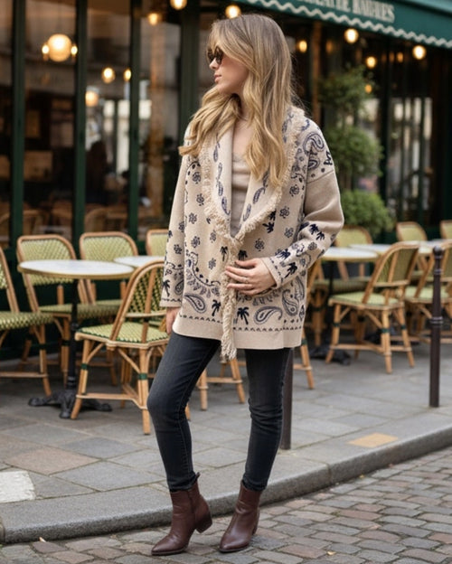 Retro Knit Cardigan with Belt - Beige & Brown