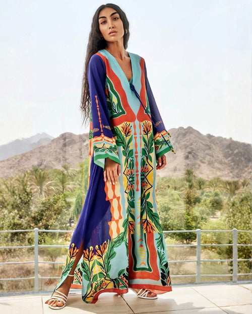 River Kaftan Coastal Flora and Abstract Marine Inspired Print in Navy