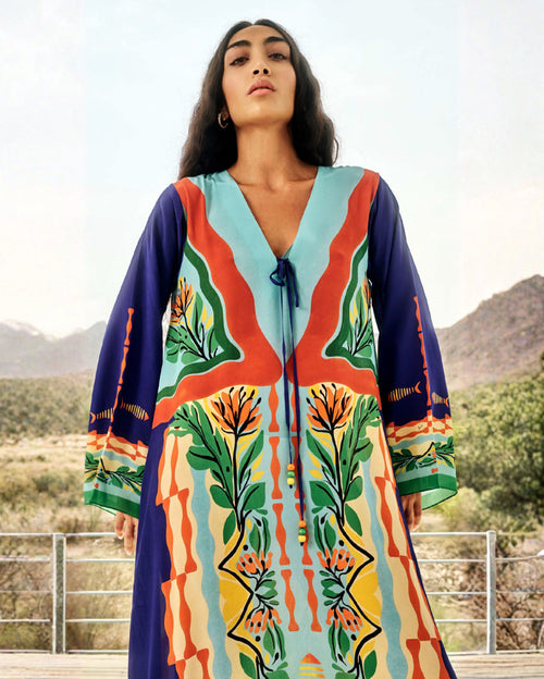 River Kaftan Coastal Flora and Abstract Marine Inspired Print in Navy