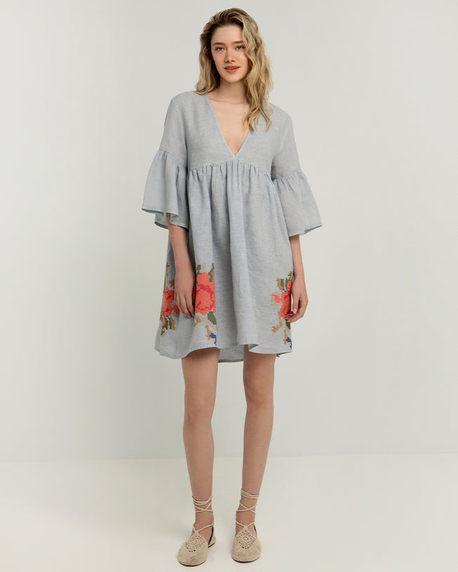 Rose Linen Light Grey Bell Sleeve Short Dress with Emroidery Details