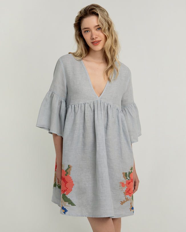 Rose Linen Light Grey Bell Sleeve Short Dress with Emroidery Details