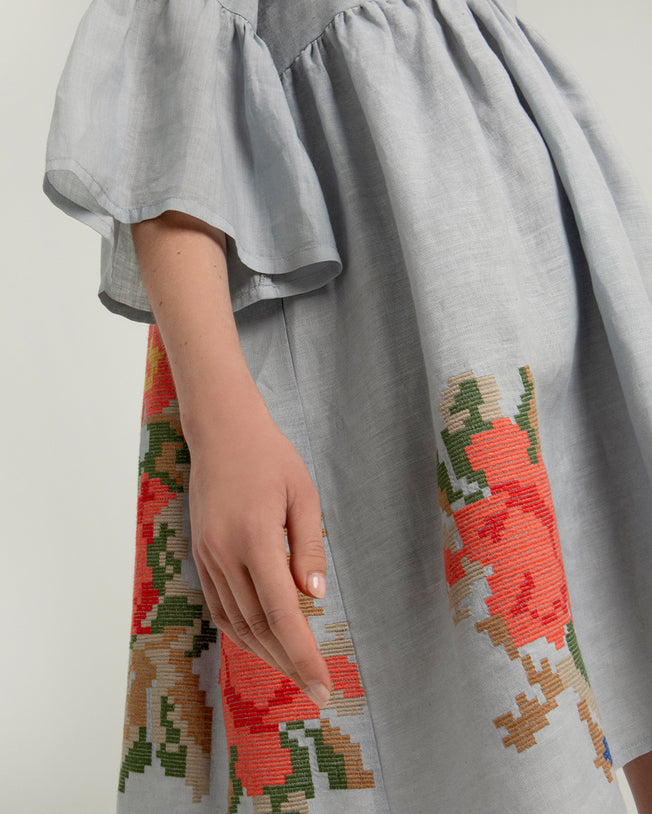 Rose Linen Light Grey Bell Sleeve Short Dress with Emroidery Details