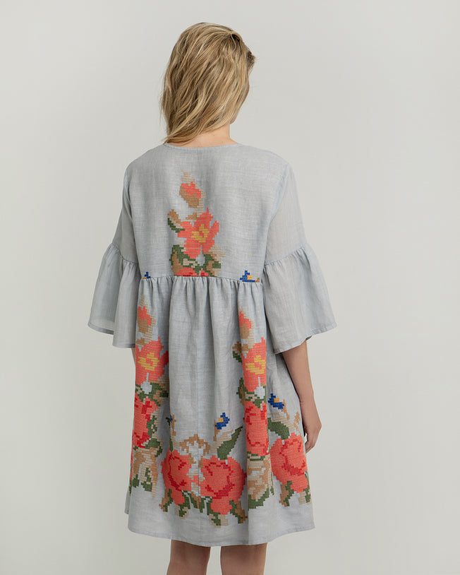 Rose Linen Light Grey Bell Sleeve Short Dress with Emroidery Details