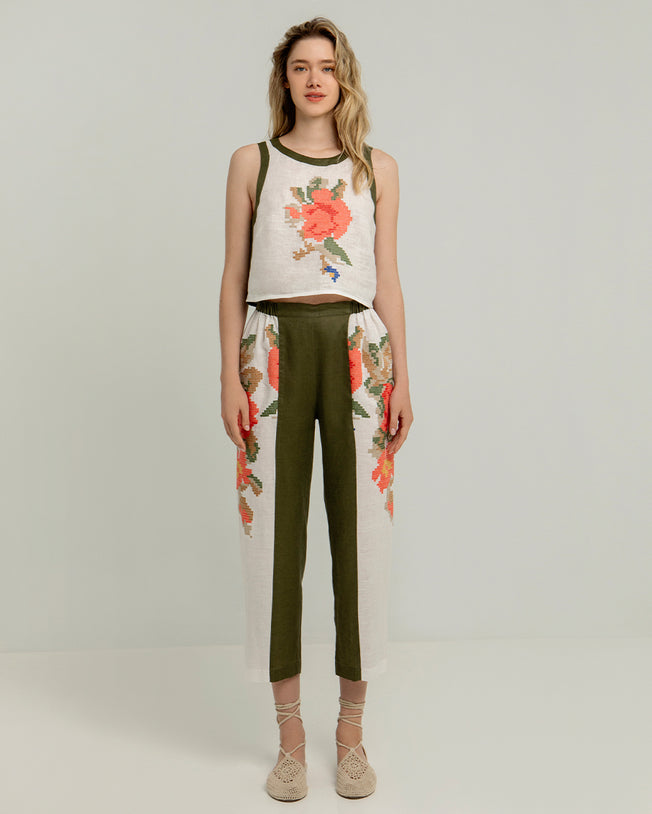 Rose Linen Sleeveless Top and Two-Toned Elastic Waist Pant Set White & Khaki with Emroidery Details