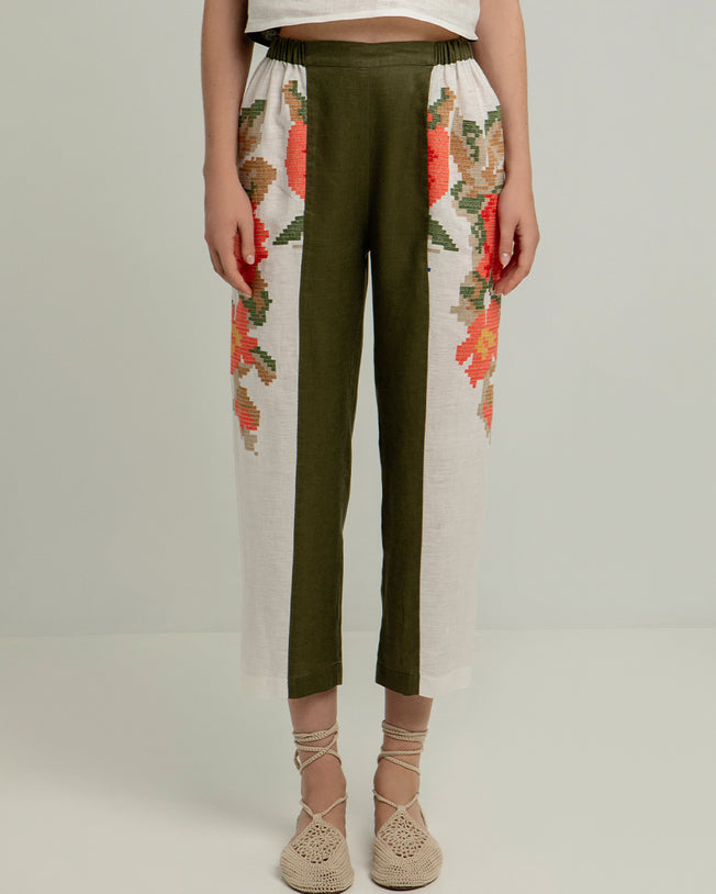 Rose Linen Sleeveless Top and Two-Toned Elastic Waist Pant Set White & Khaki with Emroidery Details