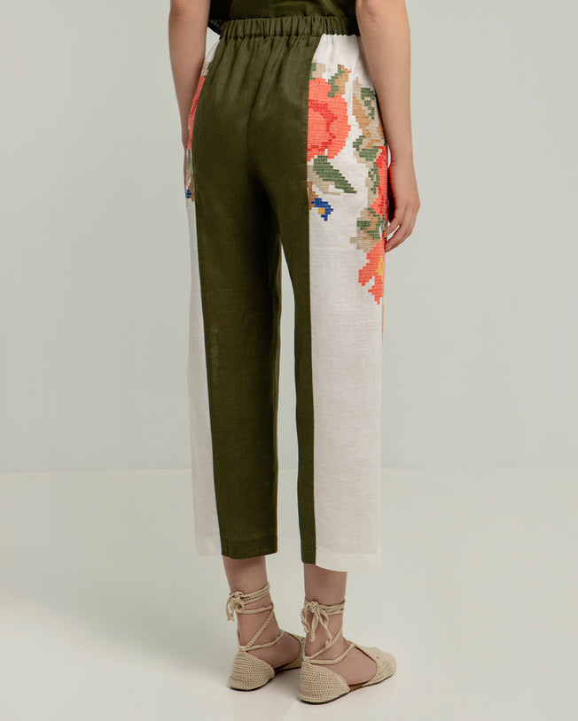 Rose Linen Sleeveless Top and Two-Toned Elastic Waist Pant Set White & Khaki with Emroidery Details