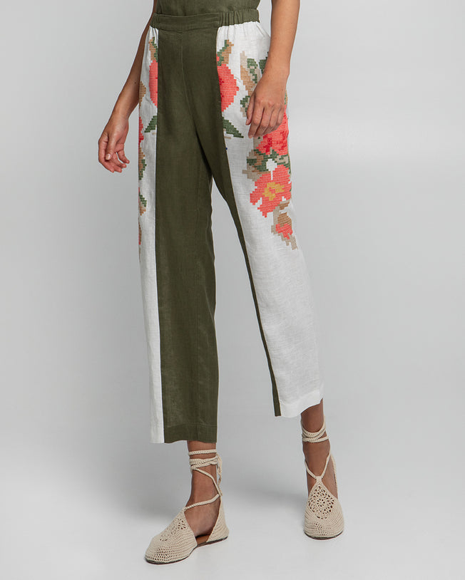 Rose Linen Sleeveless Top and Two-Toned Elastic Waist Pant Set White & Khaki with Emroidery Details