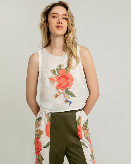 Rose Linen Sleeveless Top and Two-Toned Elastic Waist Pant Set White & Khaki with Emroidery Details