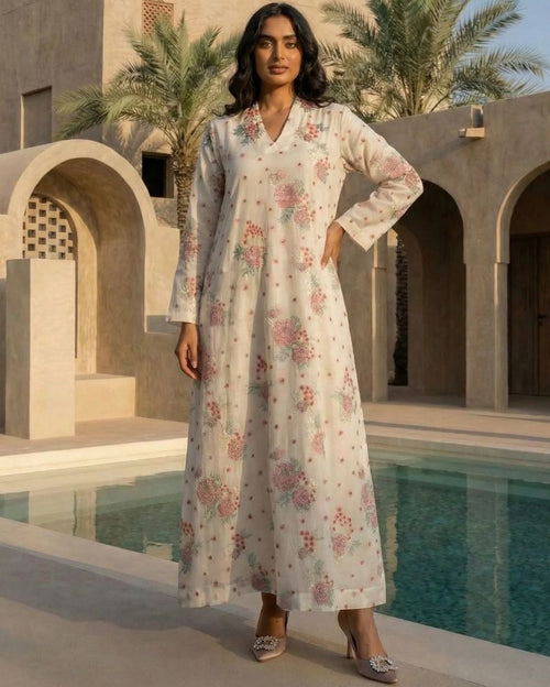 White Chanderi V-Neck with Big/Small Flower Jhaal Threadwork mch Emb Cutdana Bead Work Hand Emb Along the Emb Jalabiya