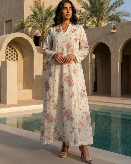 White Chanderi V-Neck with Big/Small Flower Jhaal Threadwork mch Emb Cutdana Bead Work Hand Emb Along the Emb Jalabiya