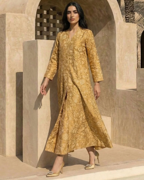 Yellow CH V-Neck with Self Color Threadwork Flower Jhaal Butta Cutdana Hand Emb Highlight on Flowers Mid Box Pleat Jalabiya