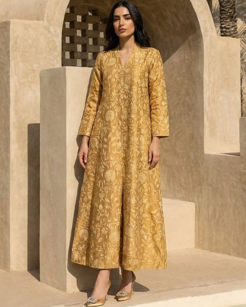 Yellow CH V-Neck with Self Color Threadwork Flower Jhaal Butta Cutdana Hand Emb Highlight on Flowers Mid Box Pleat Jalabiya