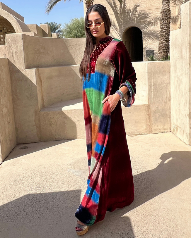 Red & Multicolor Velvet Mandarin Collar with V-Slit Opening Sequin Bead Work Flower Butta Hand Emb on Yoke and Printed Cuff Riple Grid Digi-Print Jalabiya