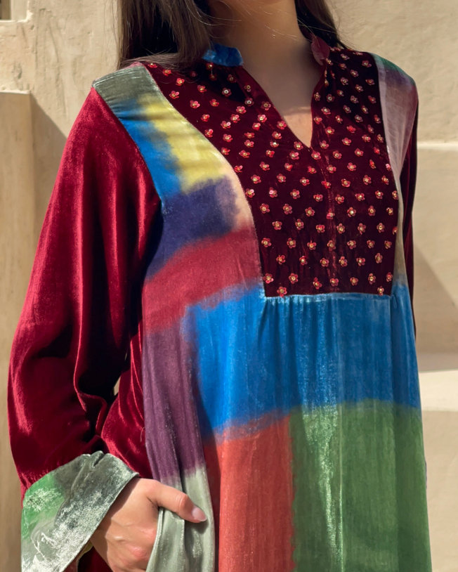 Red & Multicolor Velvet Mandarin Collar with V-Slit Opening Sequin Bead Work Flower Butta Hand Emb on Yoke and Printed Cuff Riple Grid Digi-Print Jalabiya