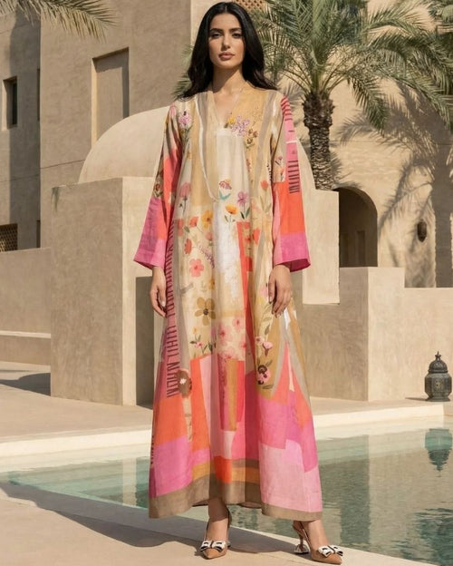 Beige HT Silk V-Neck with Sequin Bead Work Hand Emb Highlight on the Print Wide Sleeved Petal Patchwork Digi-Print Jalabiya