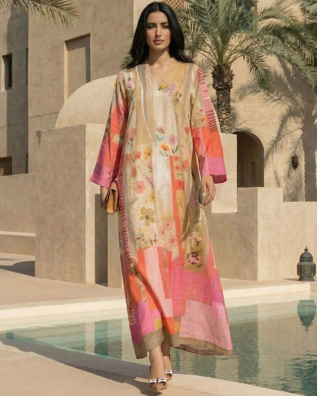 Beige HT Silk V-Neck with Sequin Bead Work Hand Emb Highlight on the Print Wide Sleeved Petal Patchwork Digi-Print Jalabiya