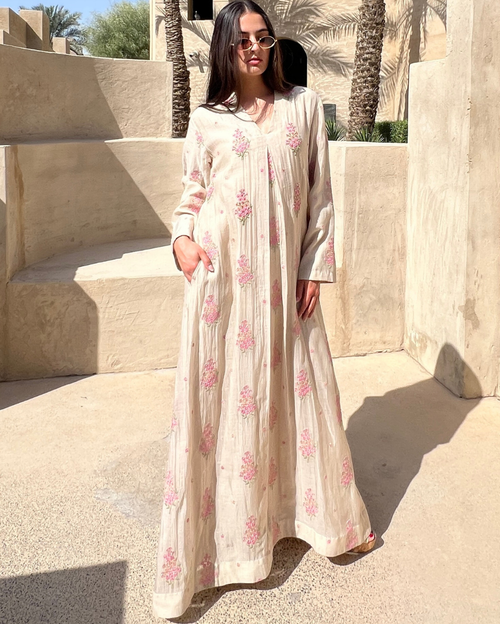 Beige CH V-Neck with Sequin Cutdana & Bead Work Hand Emb Highlight on Flower Motifs Mid Box Pleat Flower Buttas Threadwork Jalabiya