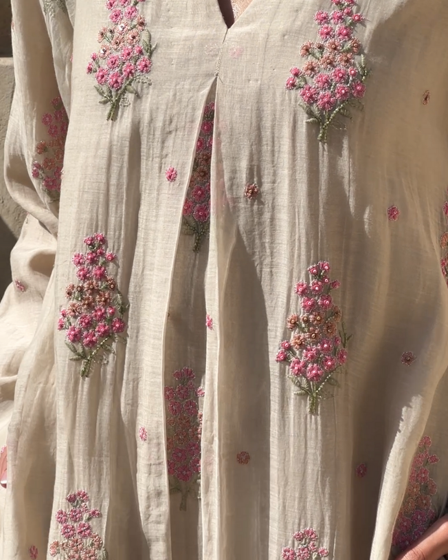 Beige CH V-Neck with Sequin Cutdana & Bead Work Hand Emb Highlight on Flower Motifs Mid Box Pleat Flower Buttas Threadwork Jalabiya