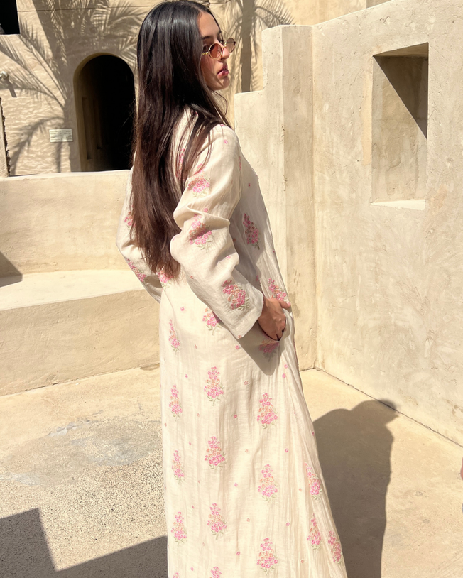 Beige CH V-Neck with Sequin Cutdana & Bead Work Hand Emb Highlight on Flower Motifs Mid Box Pleat Flower Buttas Threadwork Jalabiya