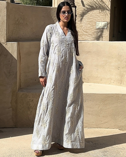 Blue CH V-Neck with Sequin Cutdana & Bead Work Hand Emb highlight on Flower Motif Big Flower Buttas Threadwork Jalabiya