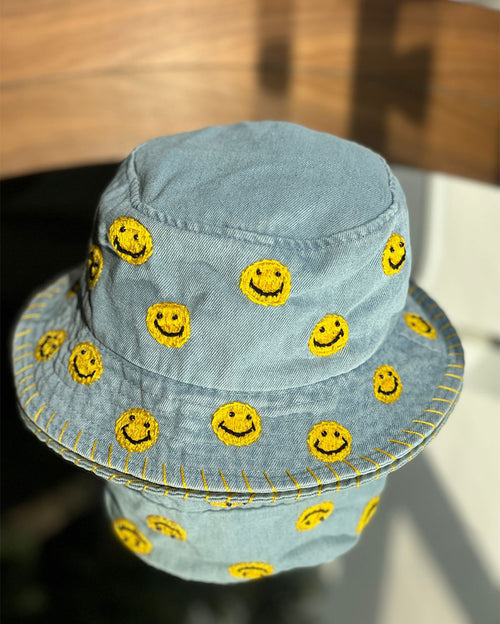 Smiley Face with Corner Lines Denim Bucket Hat