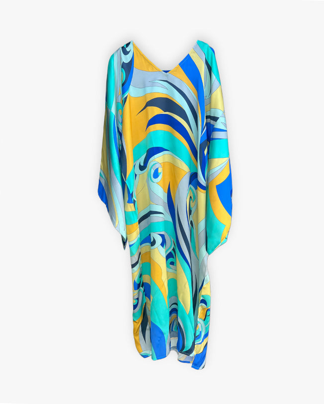 La Meera Silk Satin Blue & Yellow Multi Print Kimono Sleeve Kaftan