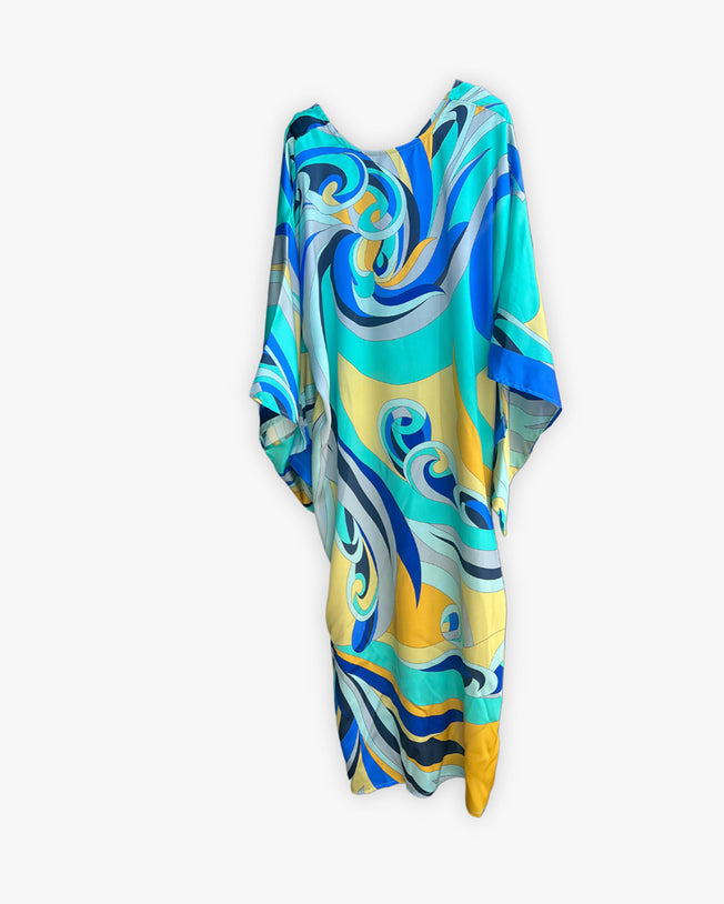 La Meera Silk Satin Blue & Yellow Multi Print Kimono Sleeve Kaftan