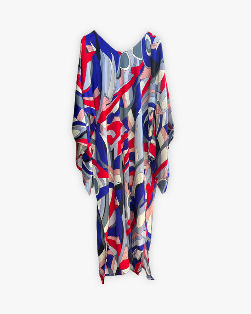 Satin Red & Blue Multi Printed Kimono Dress