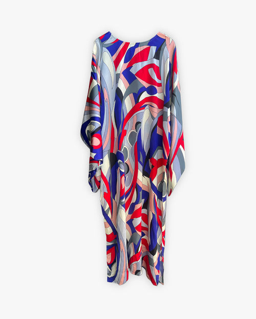 Satin Red & Blue Multi Printed Kimono Dress