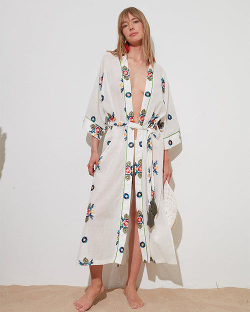 Say Chill Out Long White Kimono with Blue Flower Embroidery