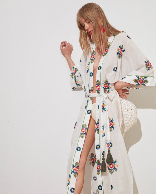 Say Chill Out Long White Kimono with Blue Flower Embroidery
