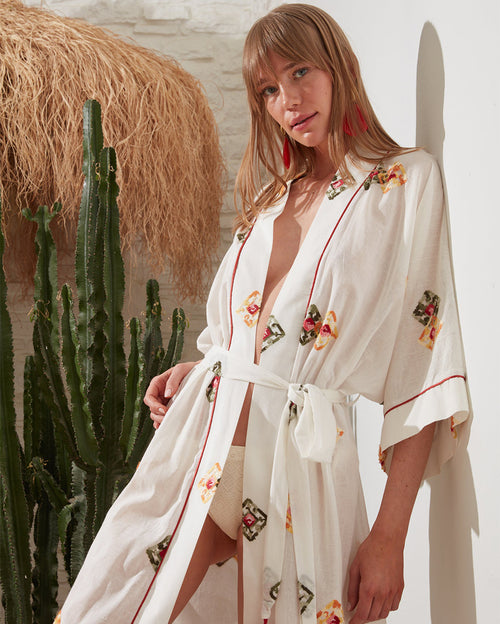 Say Chill Out Long White Kimono with Square Embroidery