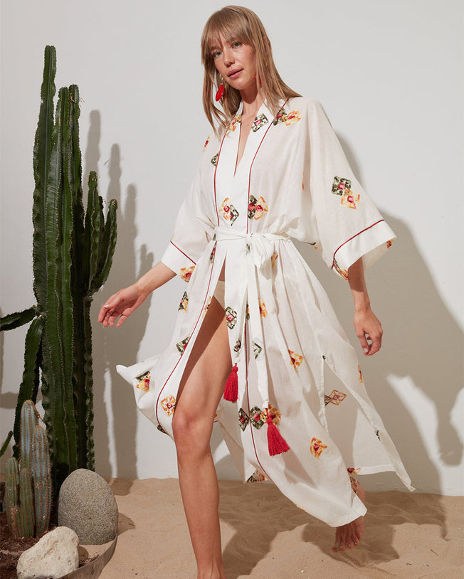 Say Chill Out Long White Kimono with Square Embroidery