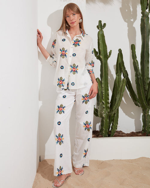 Say Ethinic White Top & Pant with Blue Flower Emroidered Set