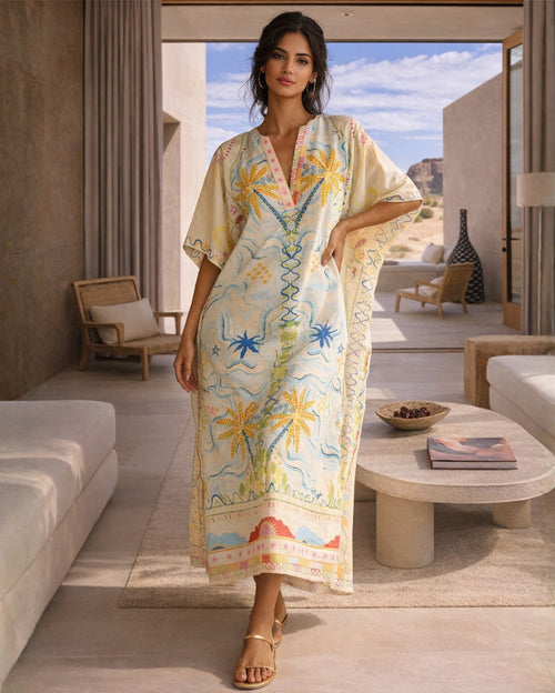 Shae Kaftan Tropical Print with Palm Trees & Sun Motifs in Cream