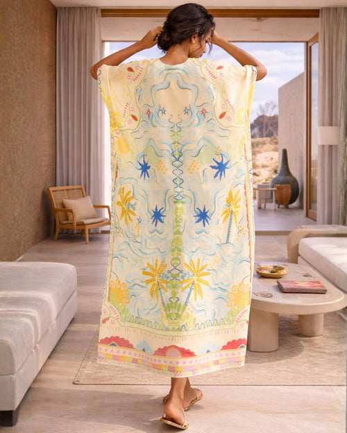Shae Kaftan Tropical Print with Palm Trees & Sun Motifs in Cream