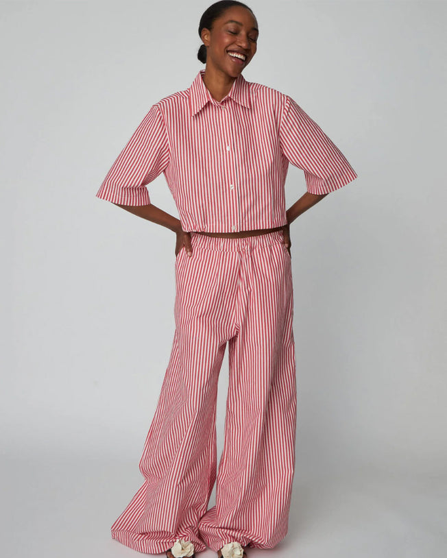 Cropped & Oversized Red Stripped Cotton Shirt and Pants Set