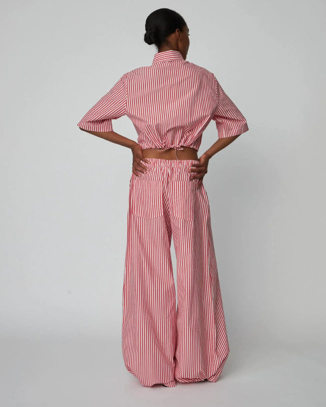Cropped & Oversized Red Stripped Cotton Shirt and Pants Set