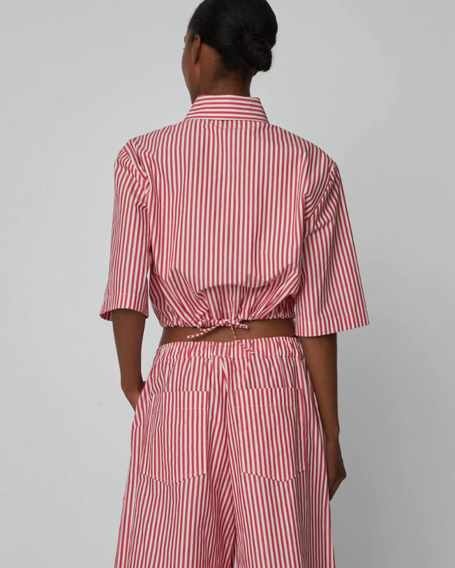 Cropped & Oversized Red Stripped Cotton Shirt and Pants Set