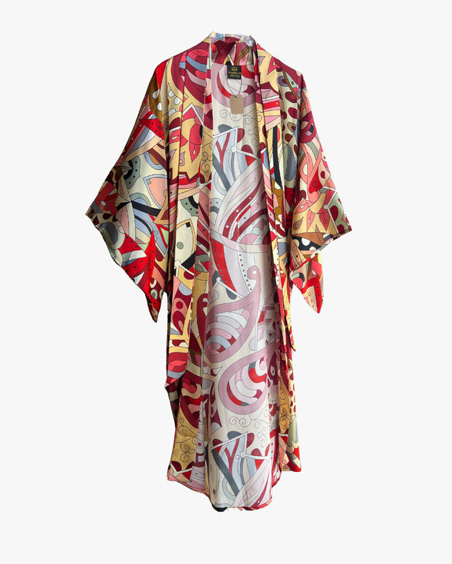 Terracote Geometric Long Silk Kimono Coverup