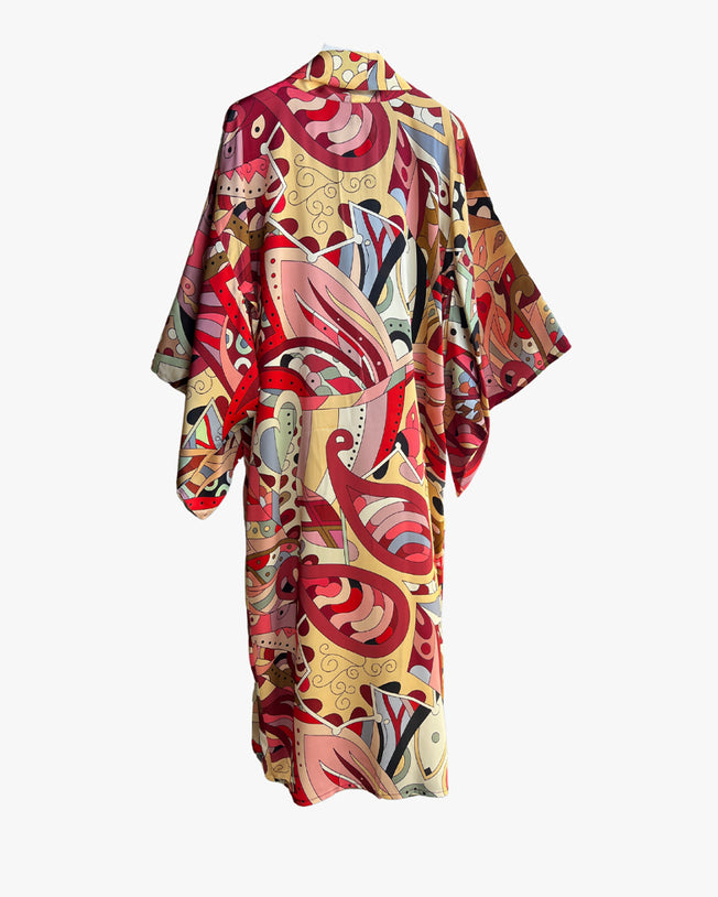 Terracote Geometric Long Silk Kimono Coverup