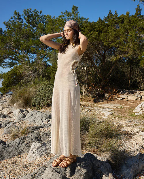 Similia Sleevless Mesh Maxi Dress With Side Cut Out Details