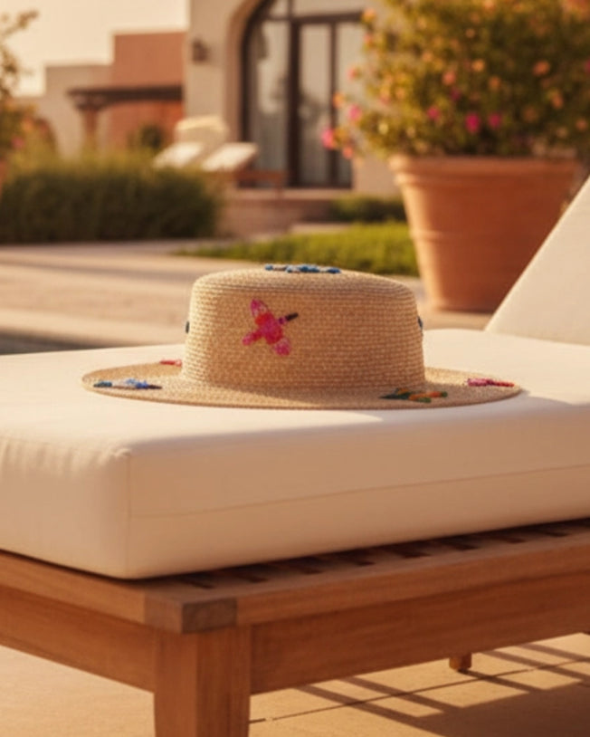 Straw Boat Hat with Tropical Birds - Chica