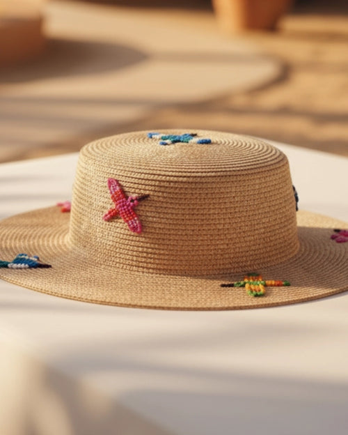 Straw Boat Hat with Tropical Birds - Chica