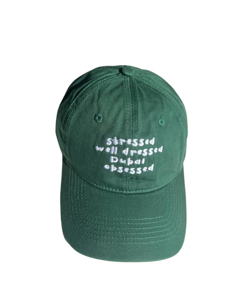 Cotton Cap With Embroidered Slogan - Stressed Well Dressed Dubai Obsessed