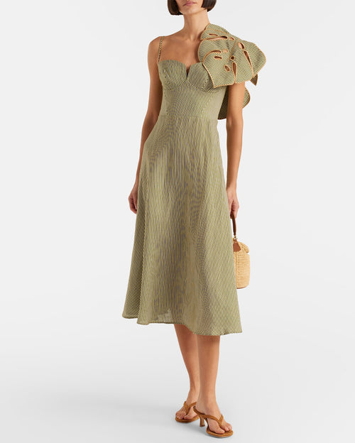 Striped Monstera Leaf Sleeveless Midi Dress