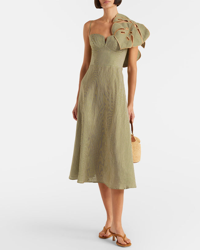 Striped Monstera Leaf Sleeveless Midi Dress