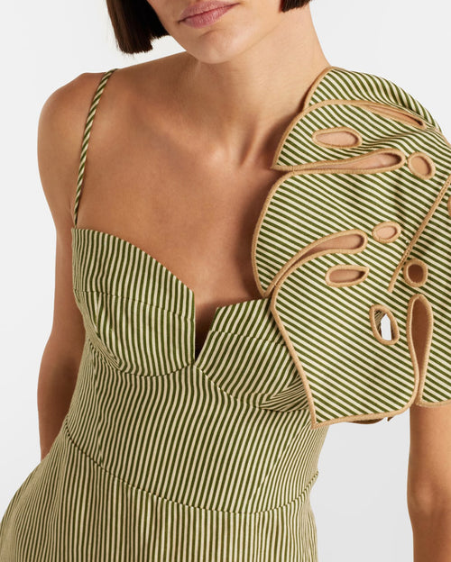 Striped Monstera Leaf Sleeveless Midi Dress